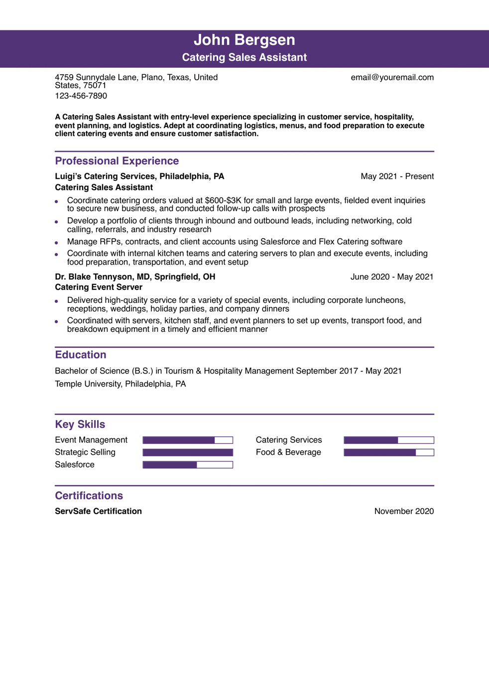 Catering Resume Example