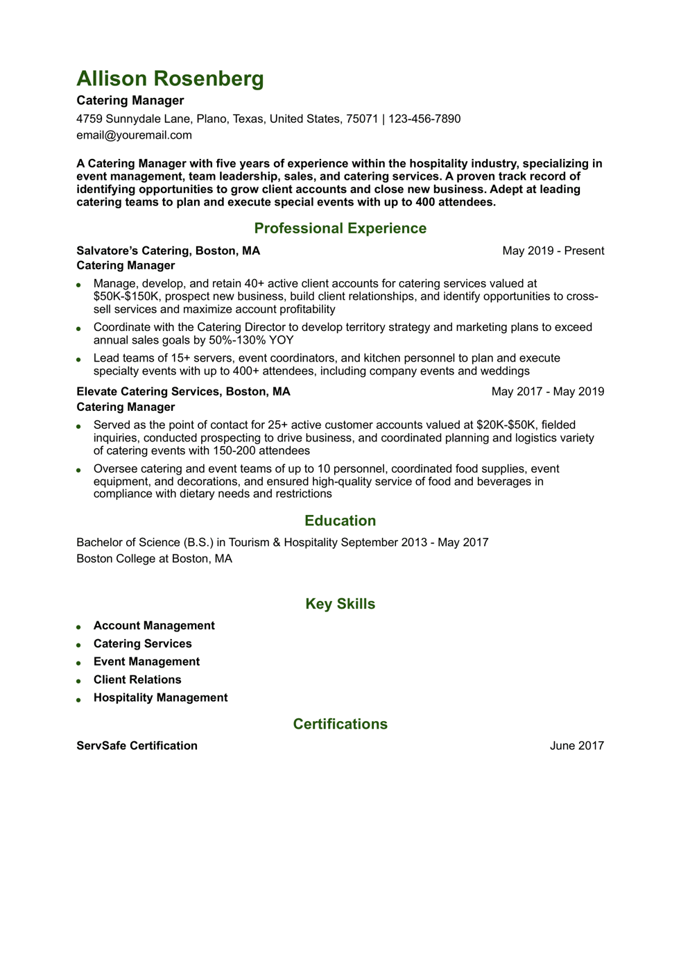Catering Manager Resume Example