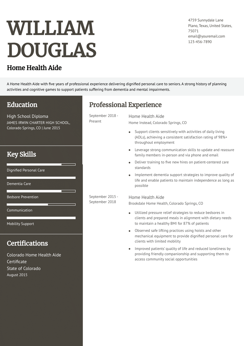 Certified Home Health Aide Resume Example