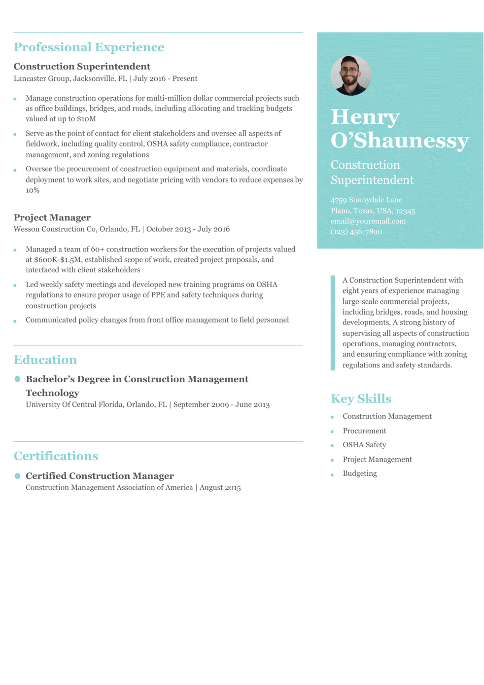 Construction Superintendent Resume Example