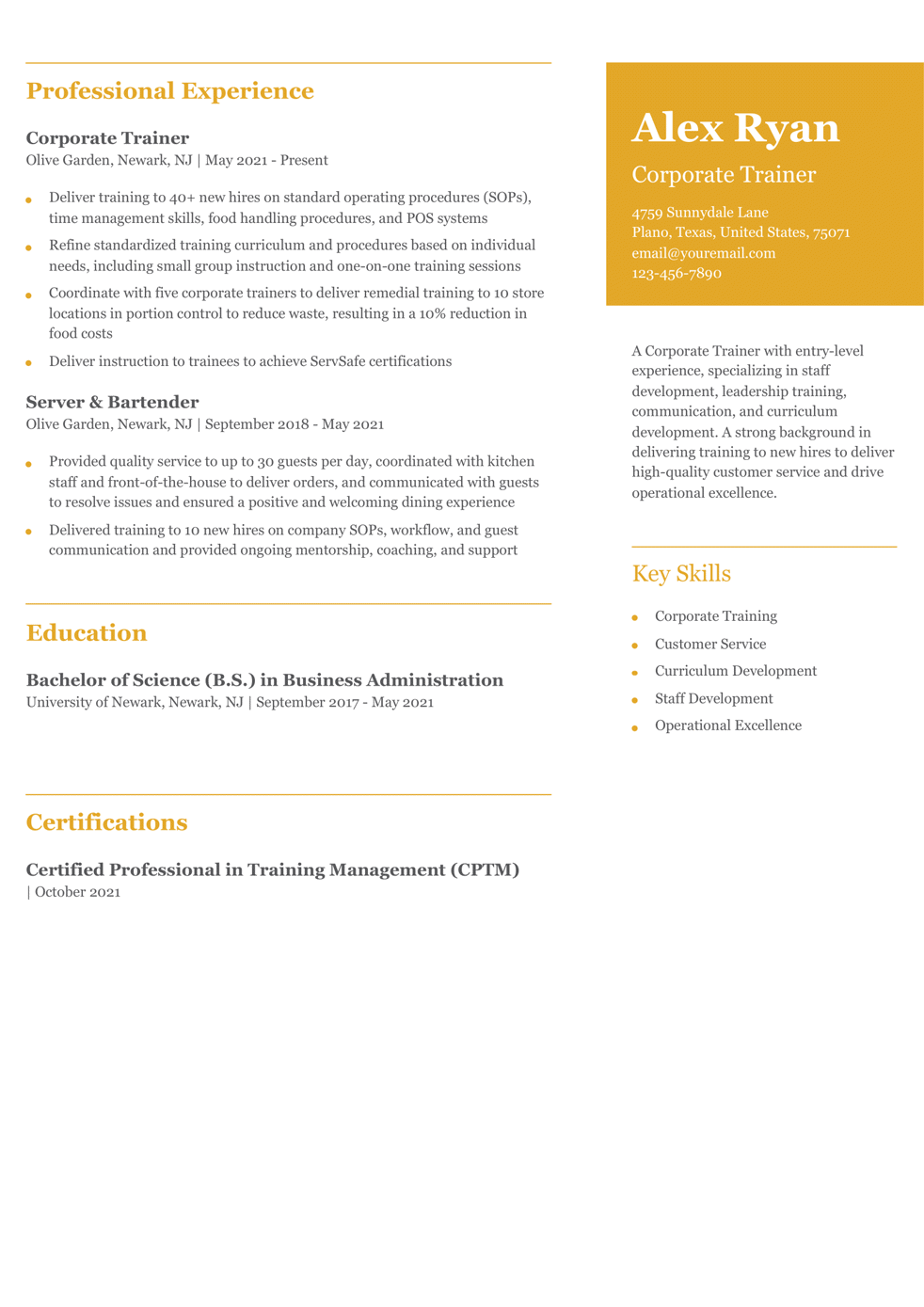 Entry-Level Corporate Trainer Resume Example