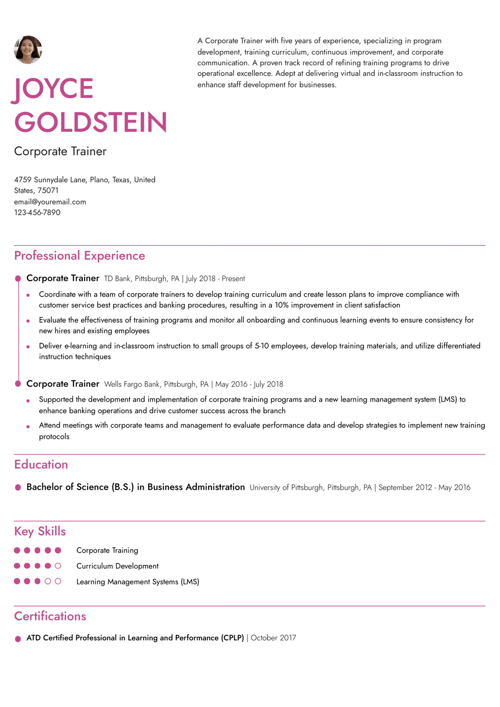 Corporate Training Manager Resume Example