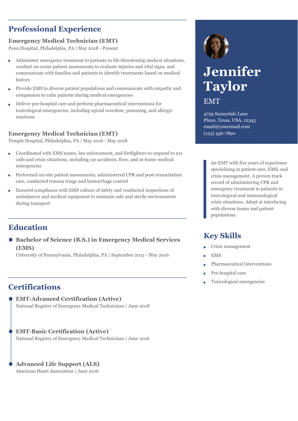 EMT Resume Examples and Templates - Emergency Medical Technician Resume Examples Mid Career 