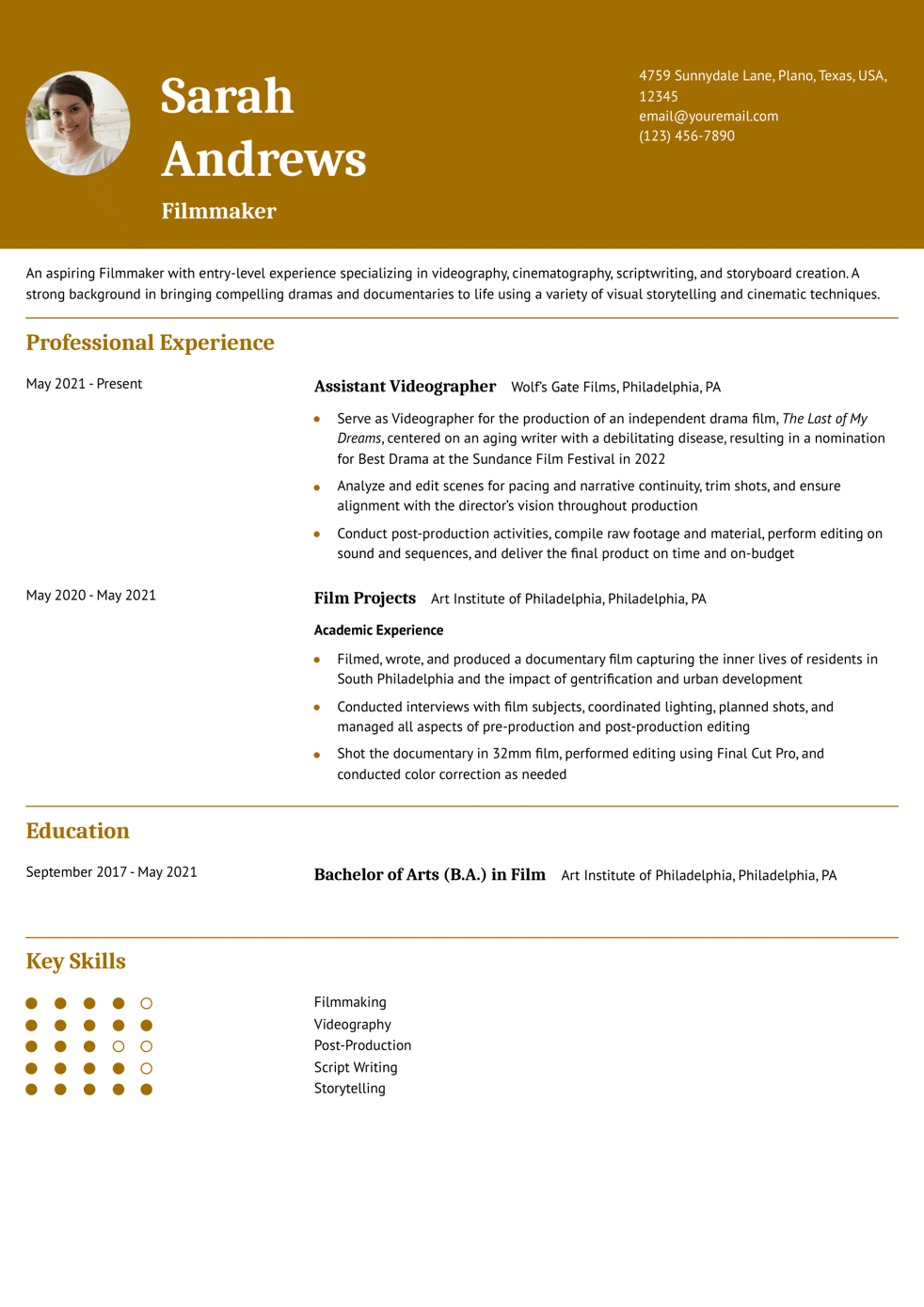 Entry-Level Filmmaker Resume Example