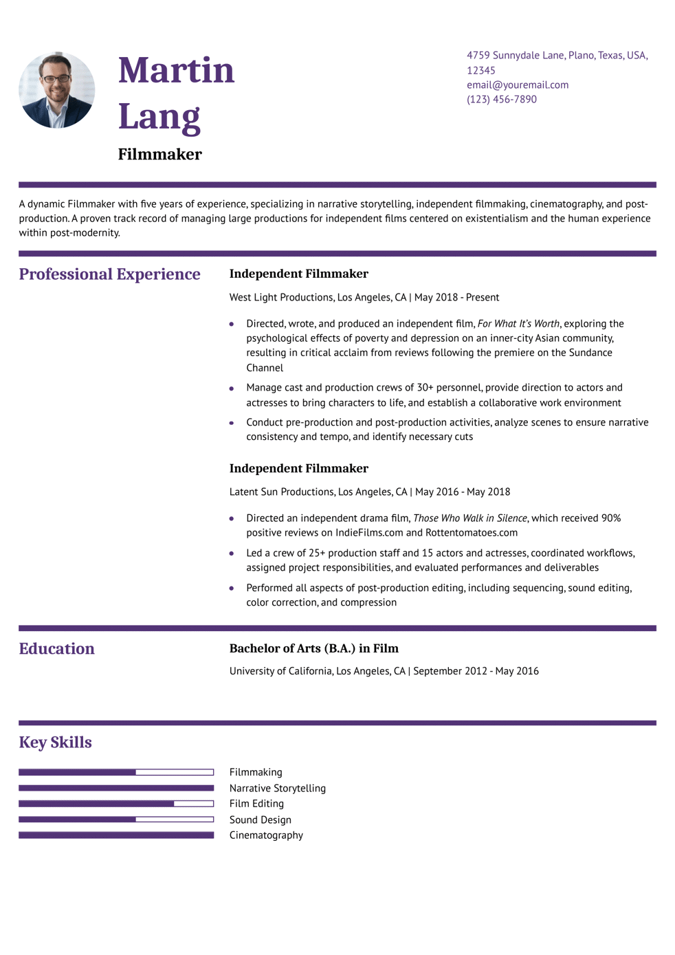 Mid-Level Filmmaker Resume Example