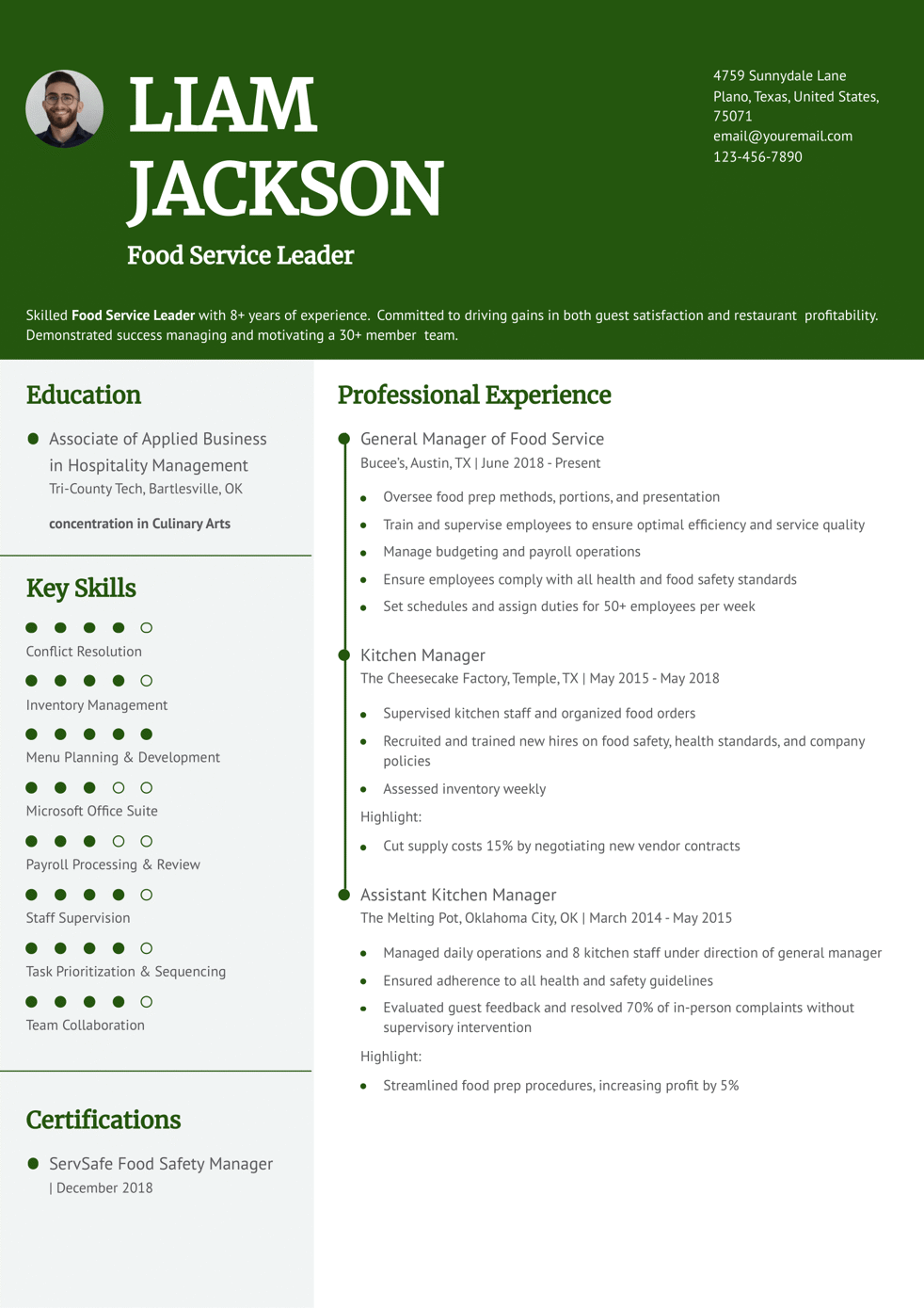 Food Service General Manager Resume Example