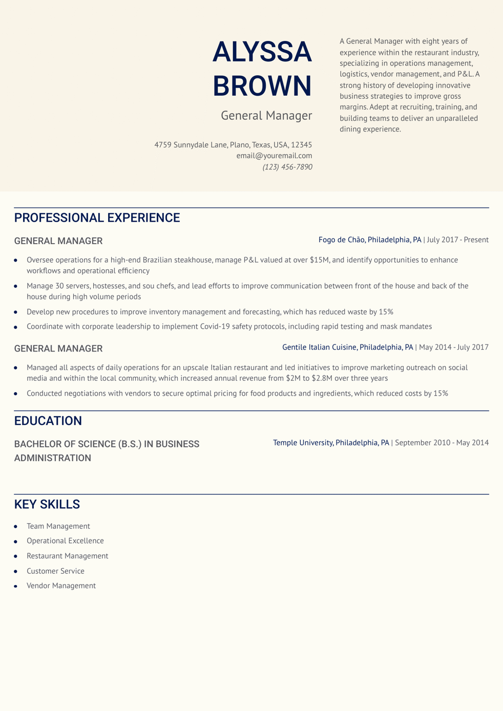 General Manager Resume Example