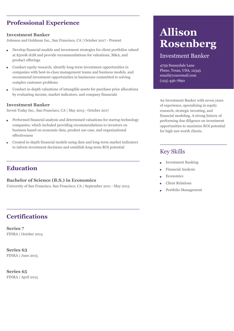 Equity Research Analyst Resume Example