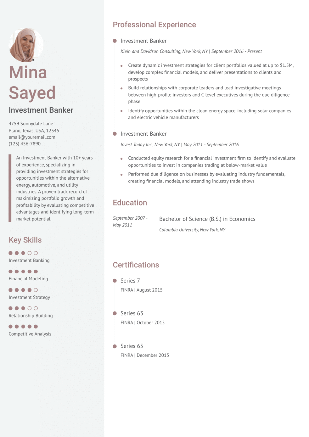 Senior Investment Banker Resume Example