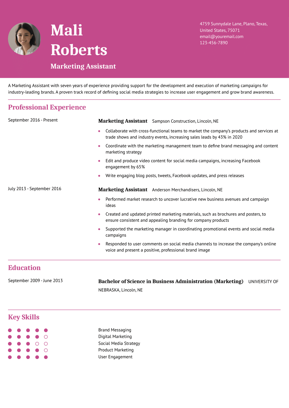 Experienced Marketing Assistant Resume Example