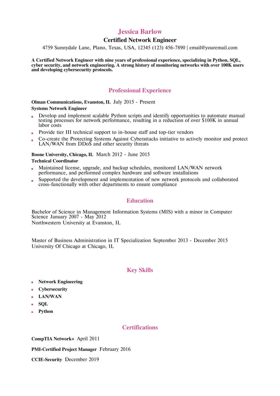 Network Engineer Resume Example