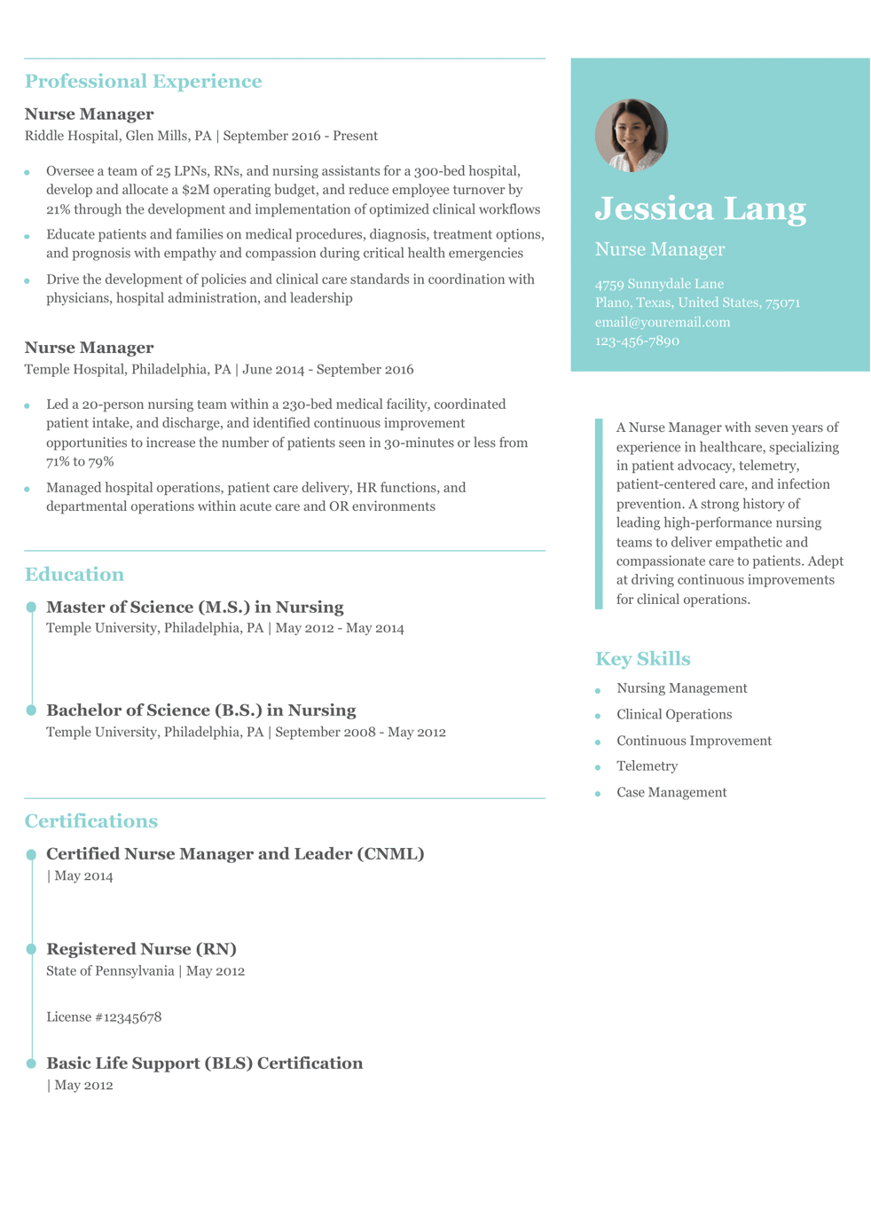 Nurse Manager - Entry Level Resume Example