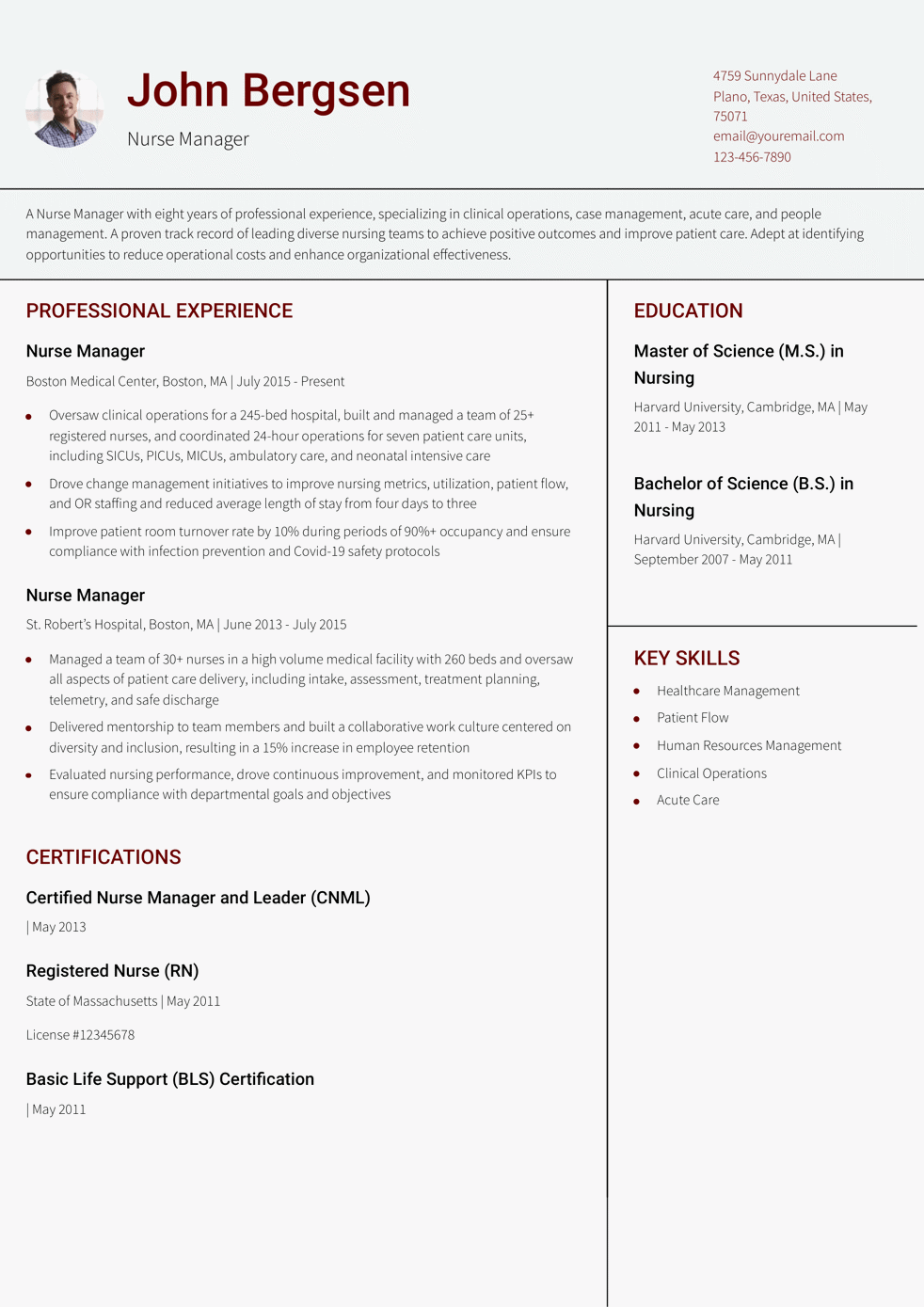 Nurse Manager Resume Example
