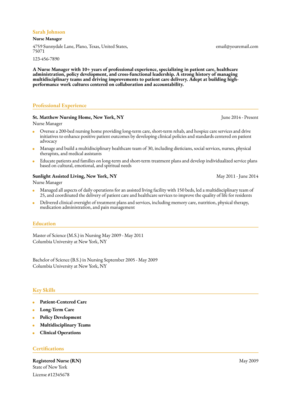 Nurse Manager - Senior Level Resume Example
