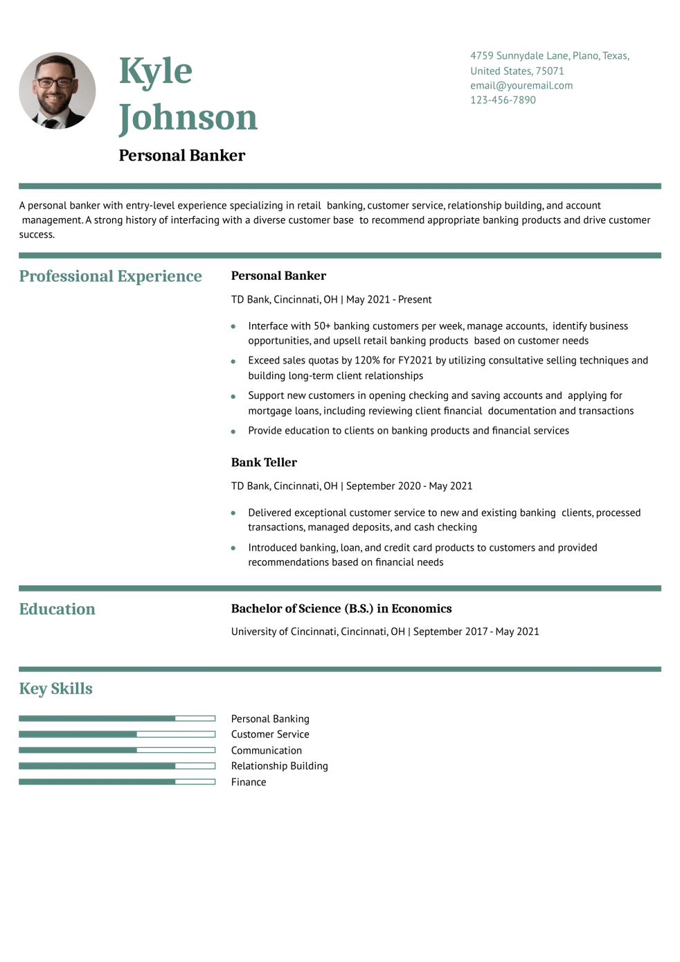 Entry-Level Personal Banker Resume Example