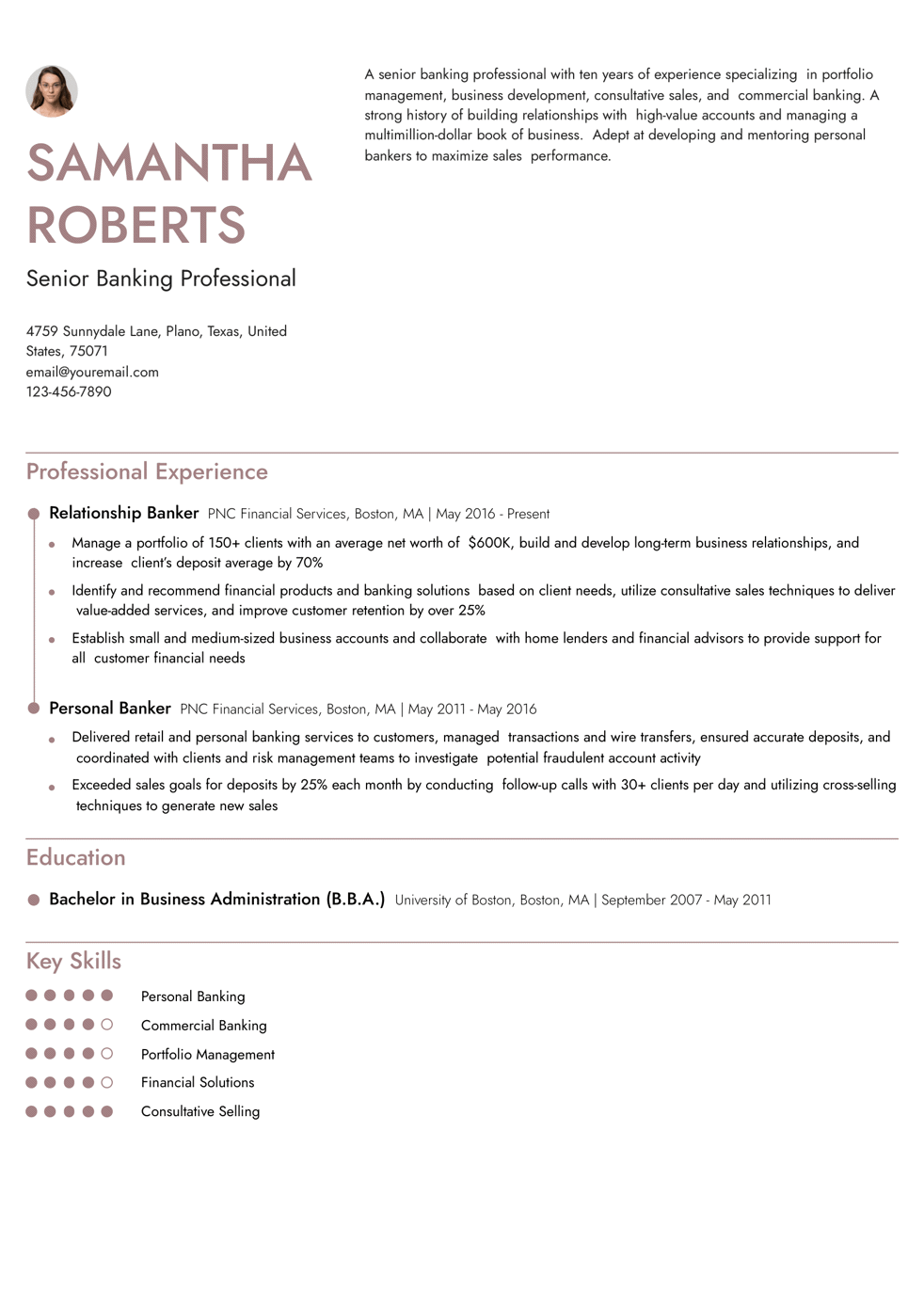 Senior Personal Banker Resume Example