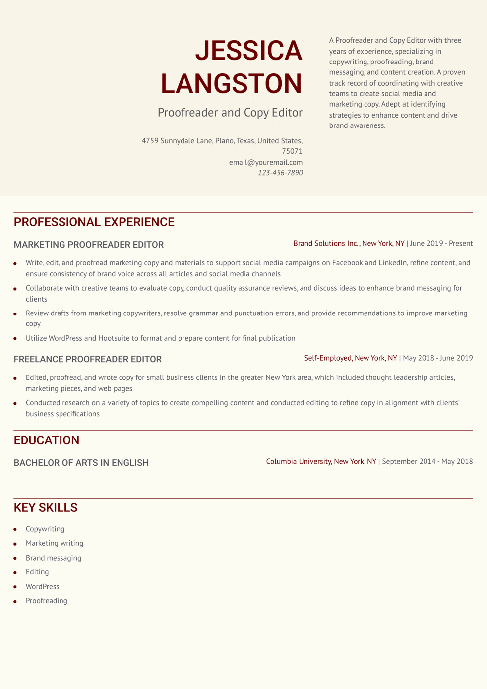 Proofreader Editor Resume Example