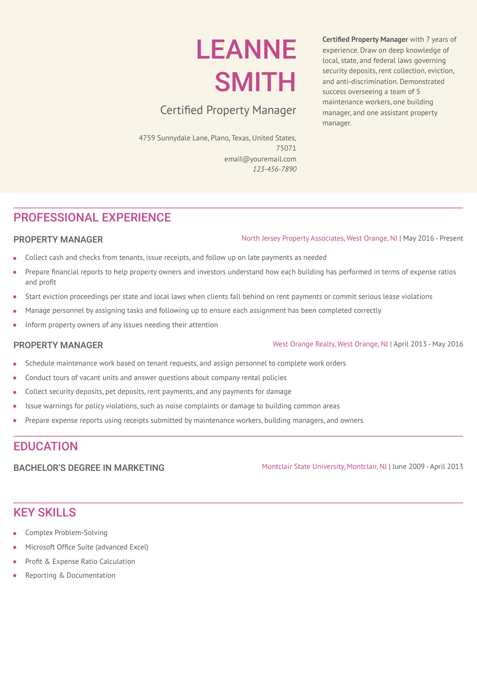 Senior Property Manager Resume Example