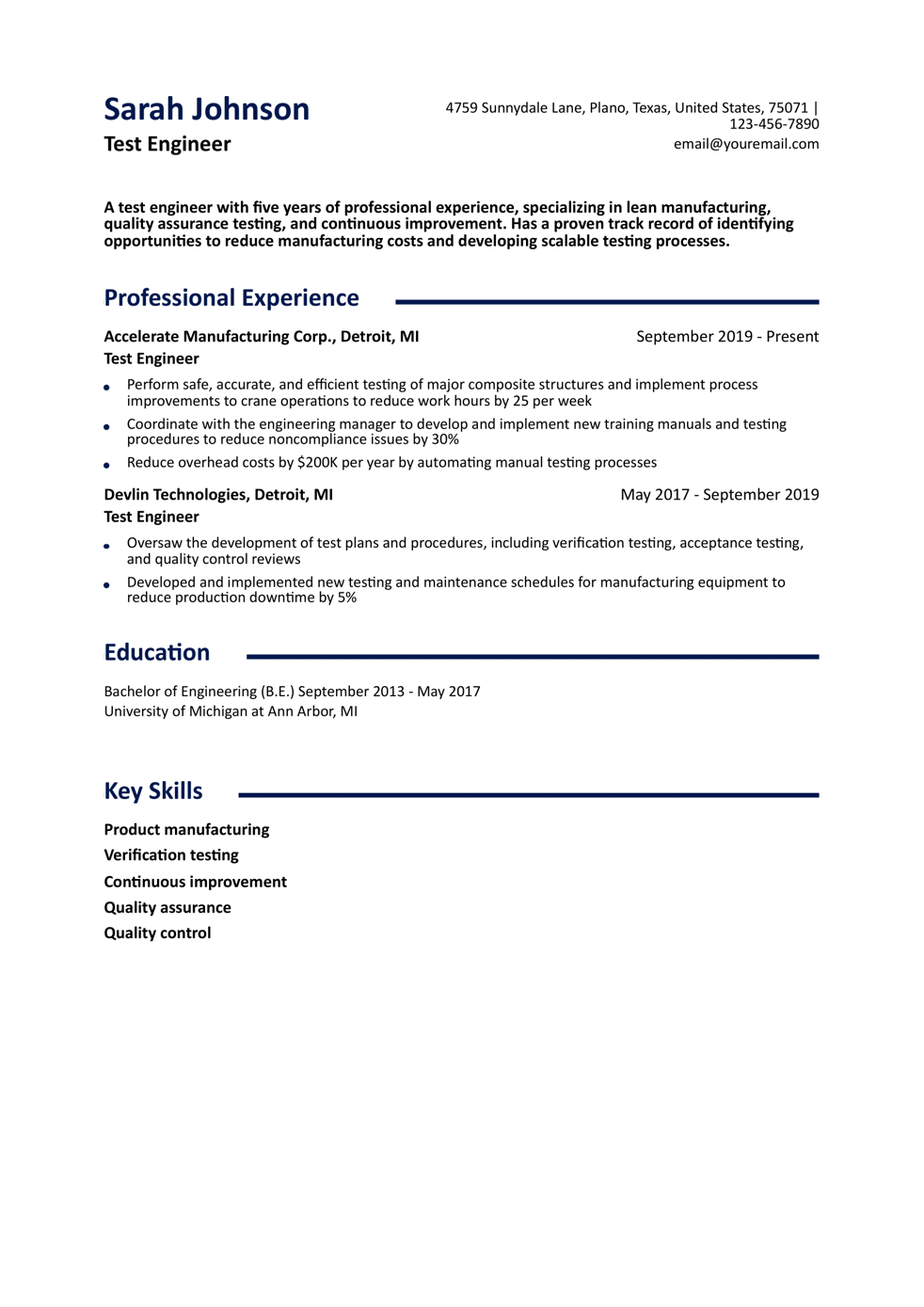 Mid-Career Test Engineer Resume