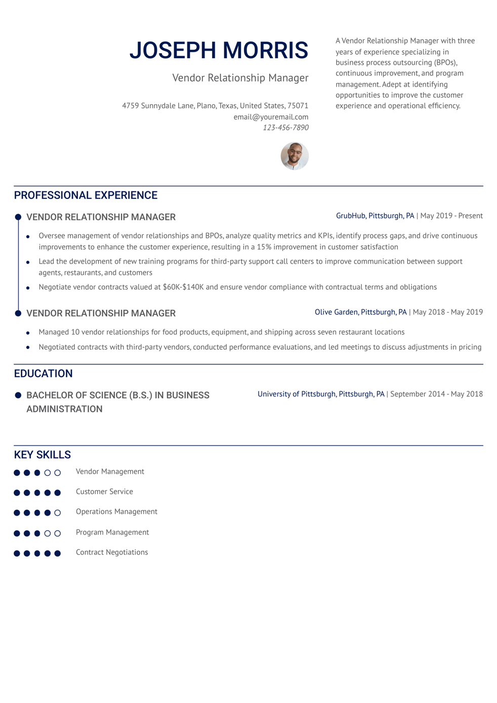 Entry-Level Vendor Relationship Manager Resume