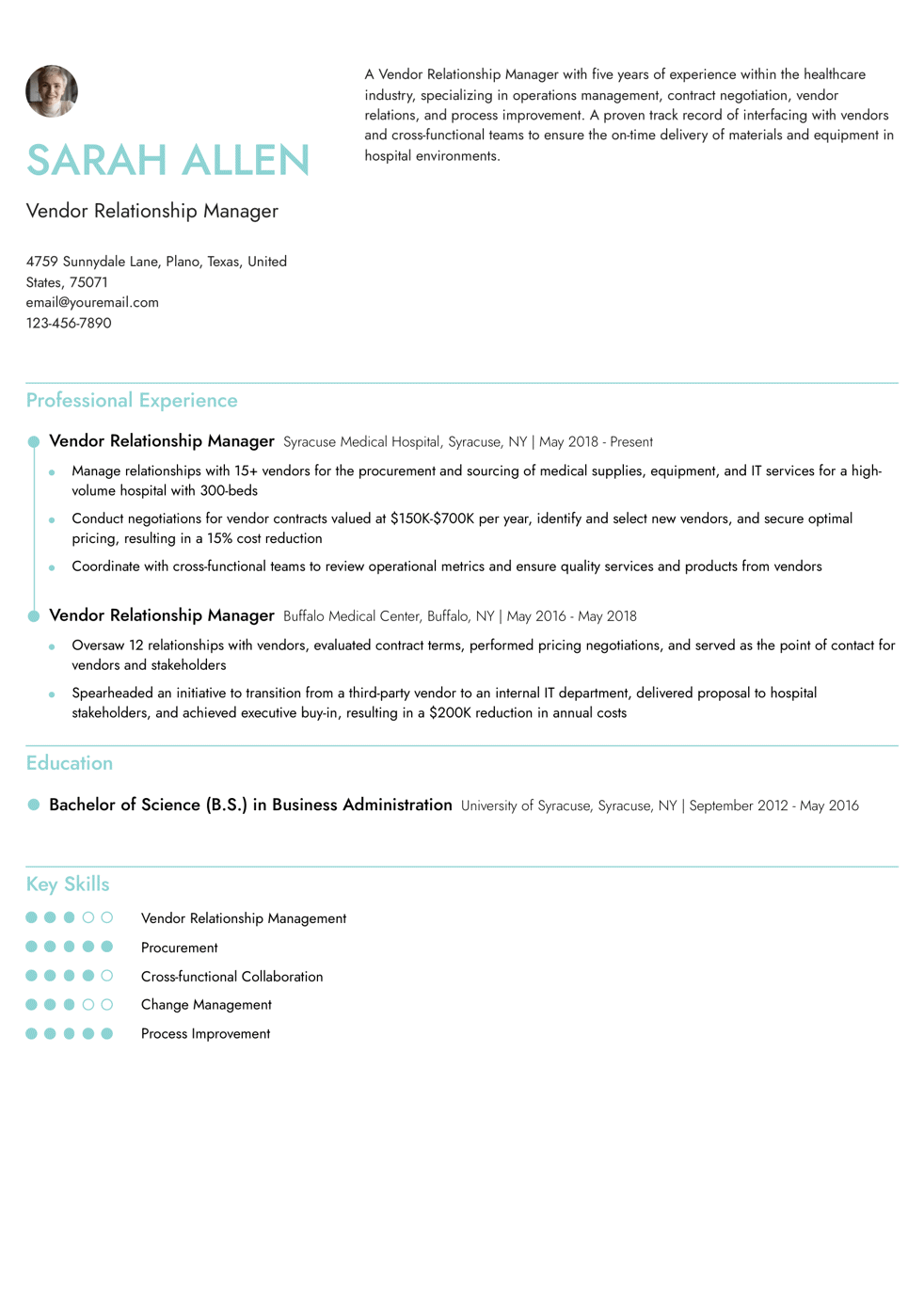 Mid-Career Vendor Relationship Manager Resume
