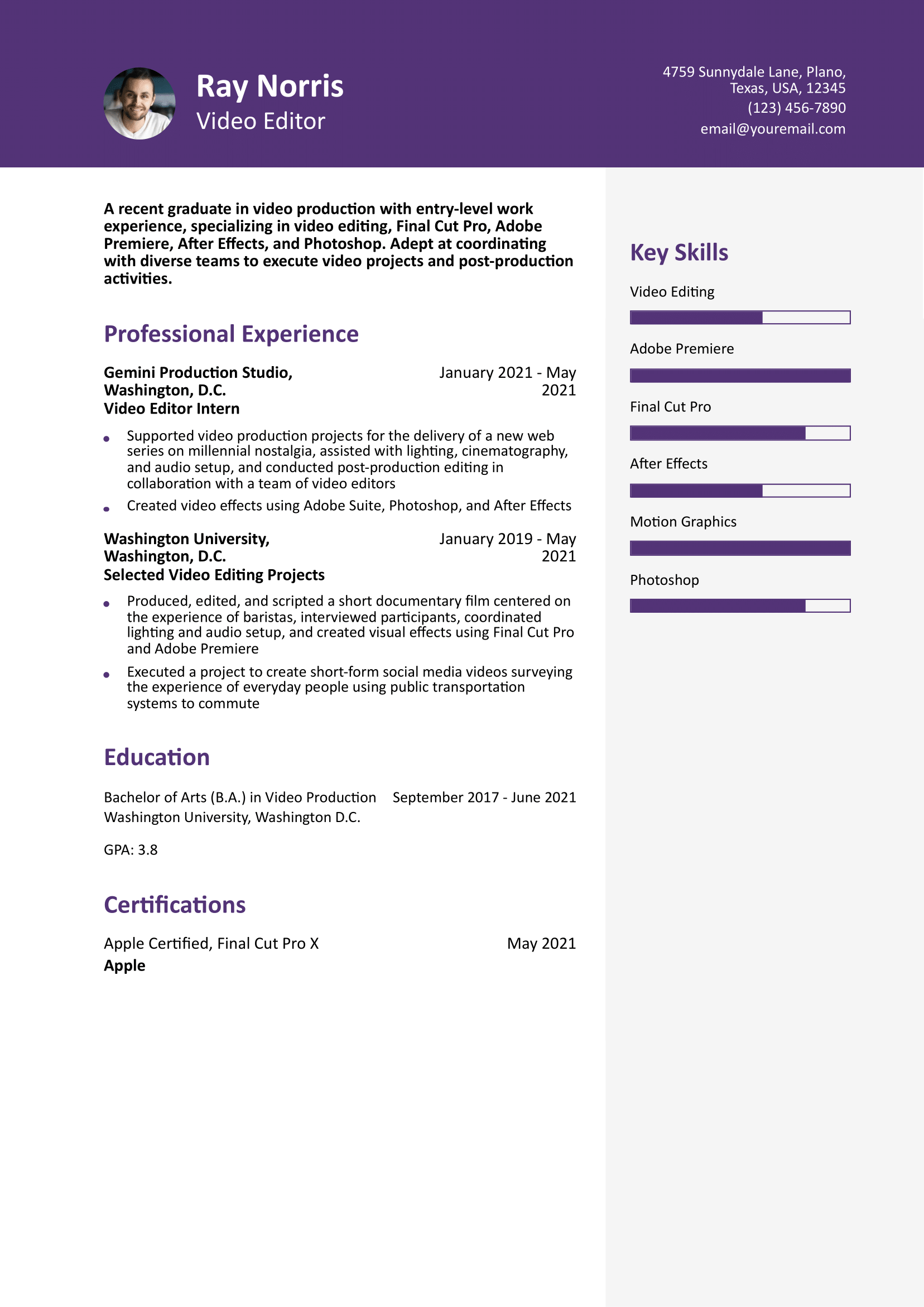Video Editor Resume Example