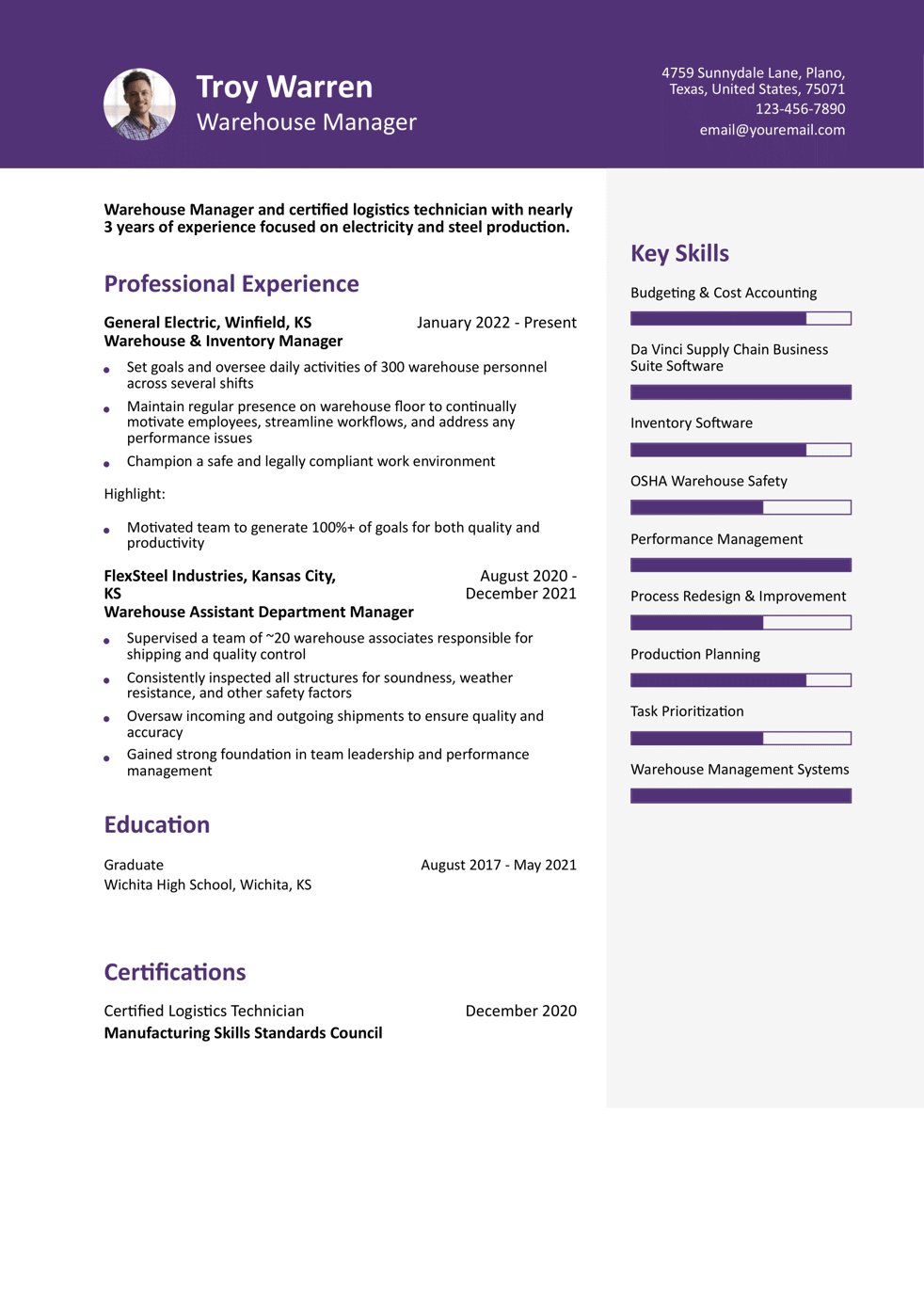 Entry-Level Warehouse Manager Resume