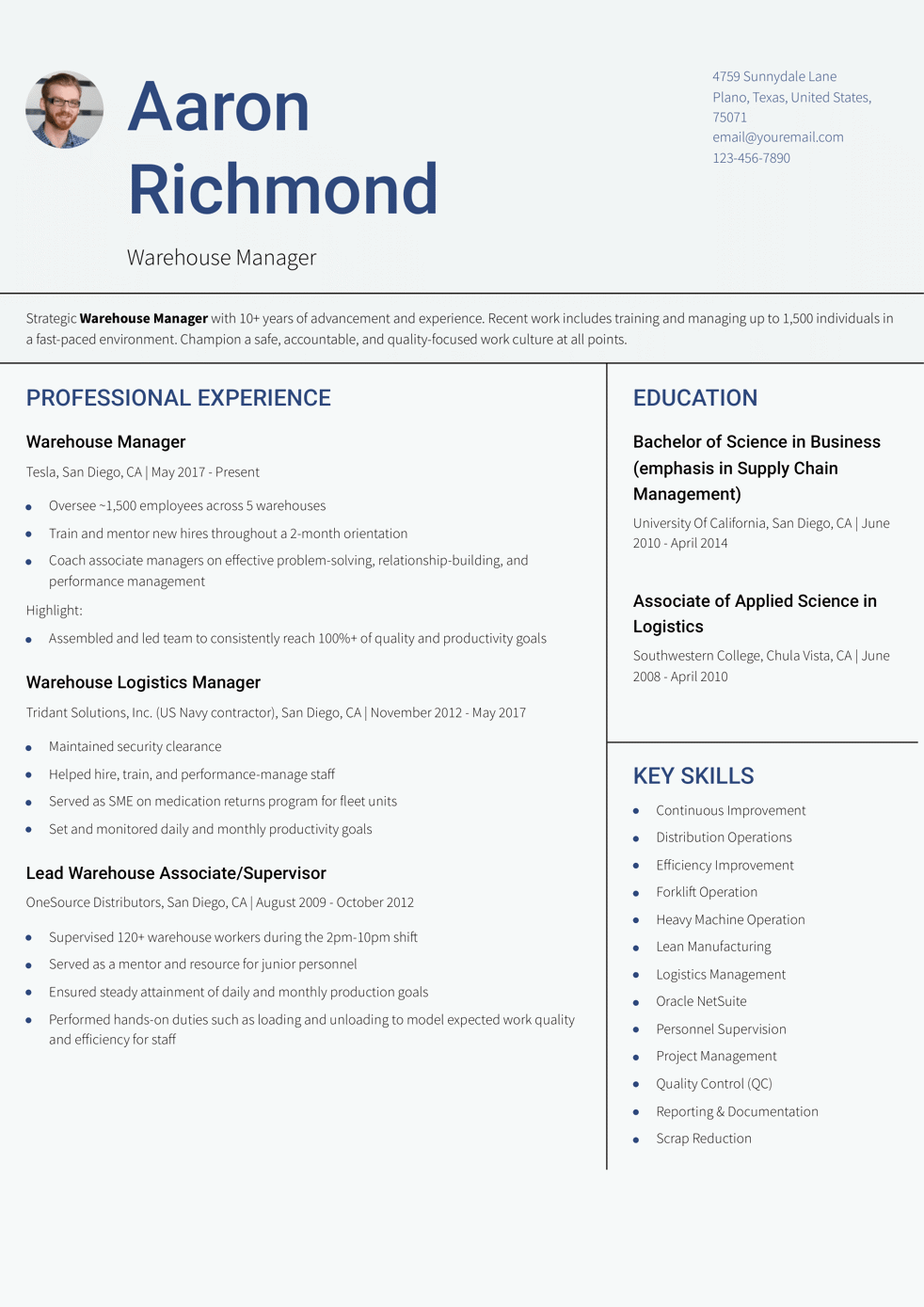 Senior-Level Warehouse Manager Resume