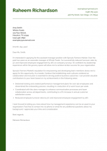 Assistant Manager Cover Letter Example #1