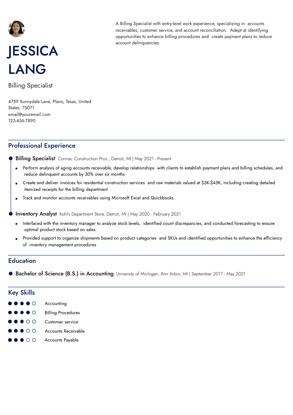 Entry Level Billing Specialist Resume Example