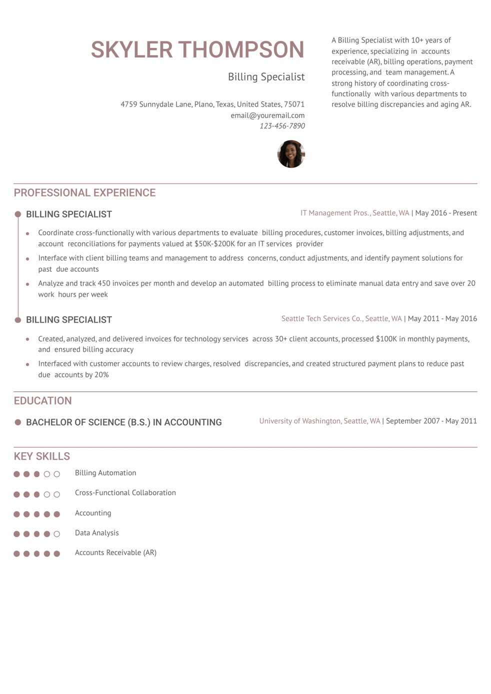 Senior Level Billing Specialist Resume Example
