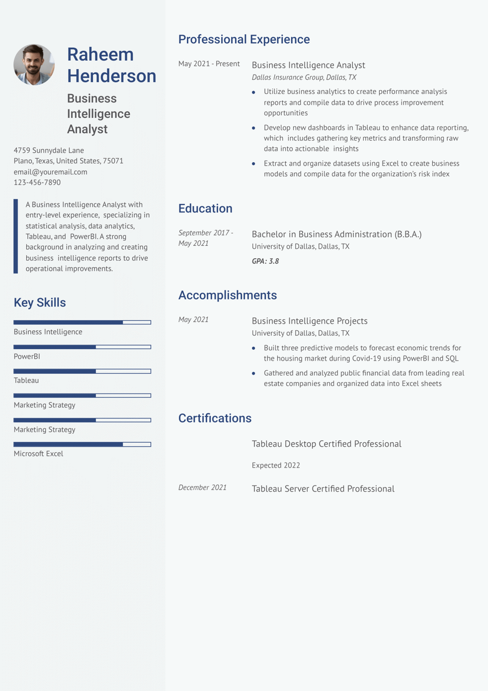 Entry-Level Business Intelligence Analyst Resume Example