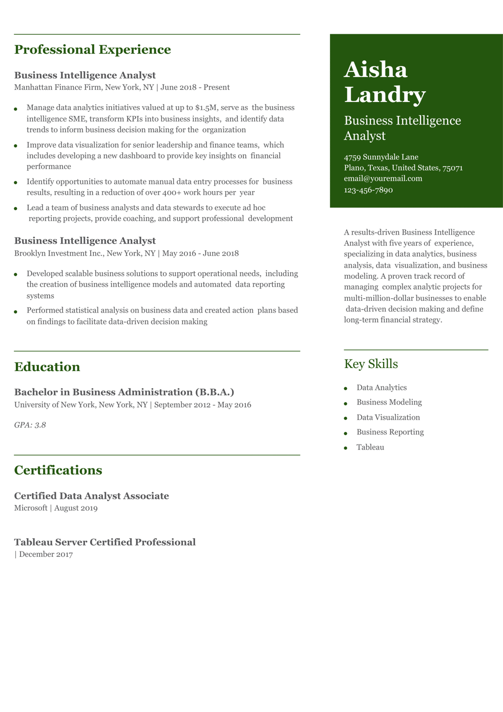 Experienced Business Intelligence Analyst Resume Example