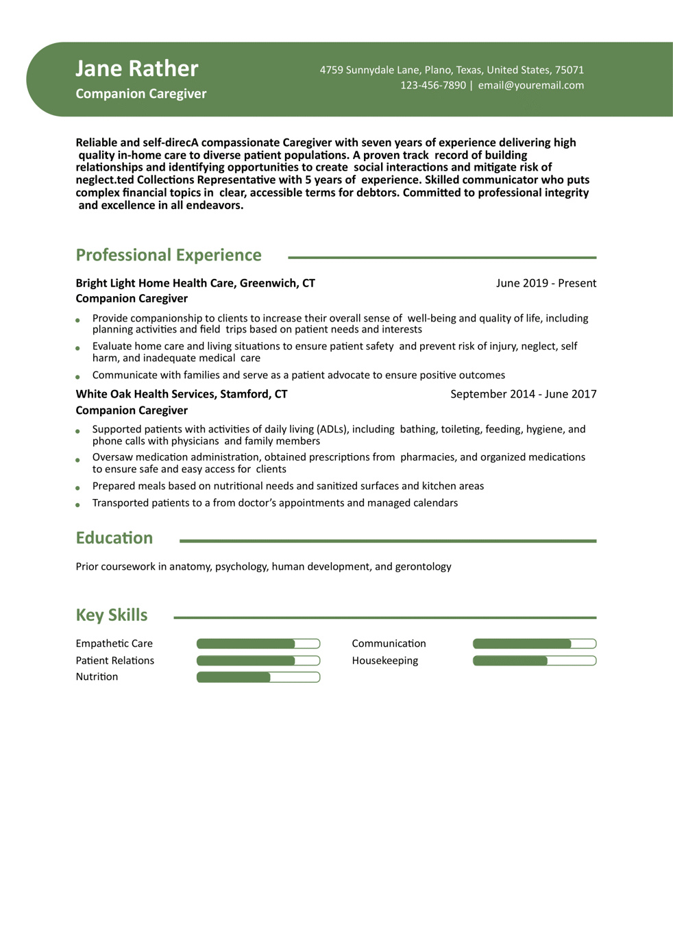 Companion Caregiver Resume Example