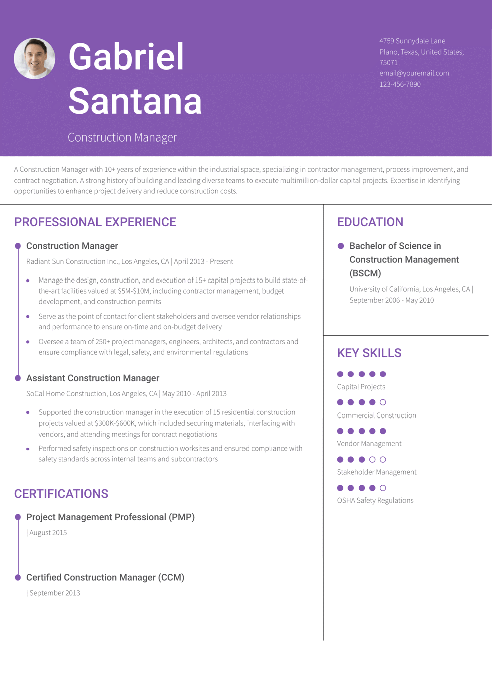 Industrial Construction Manager Resume Example