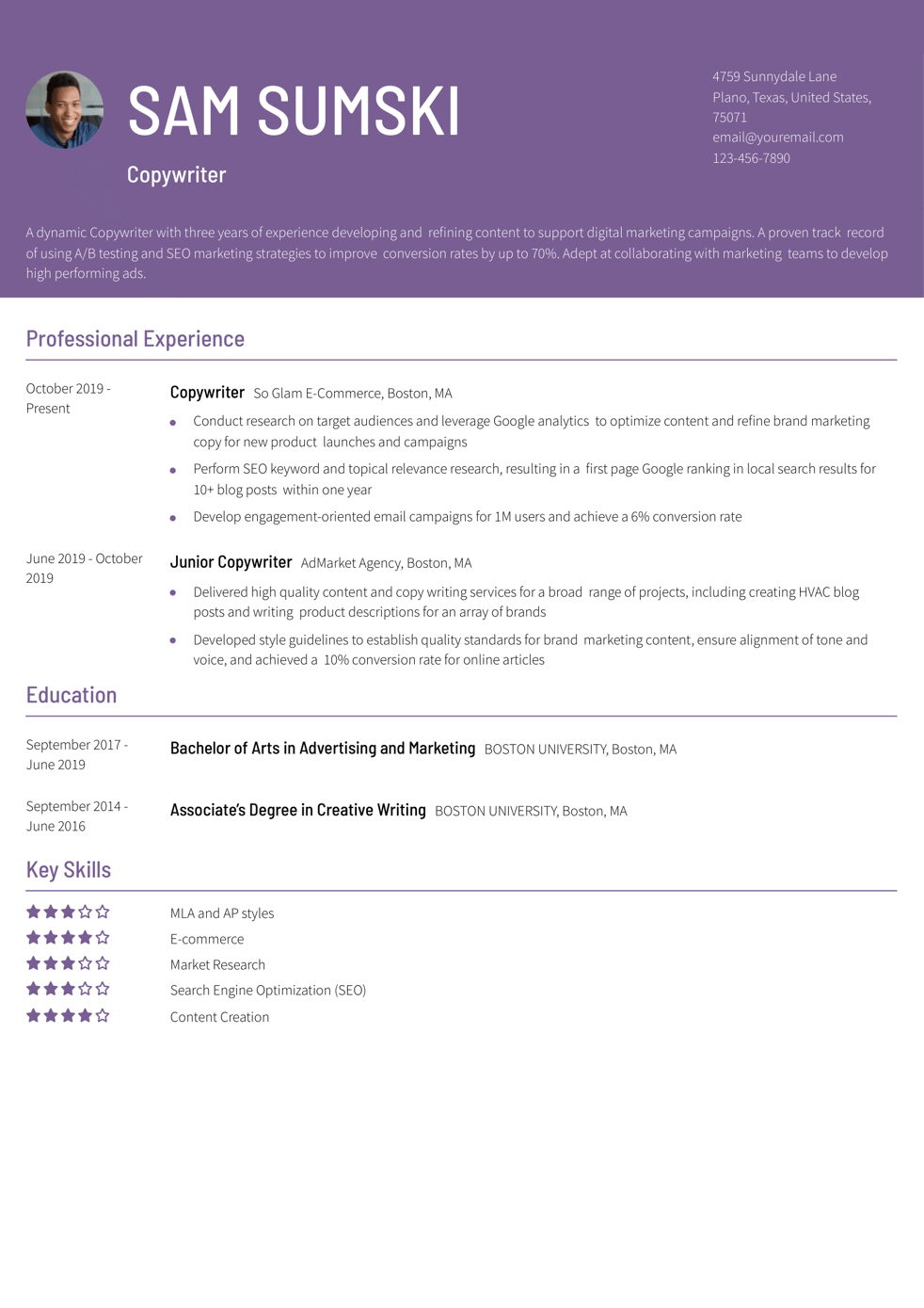 Copywriter Resume Example