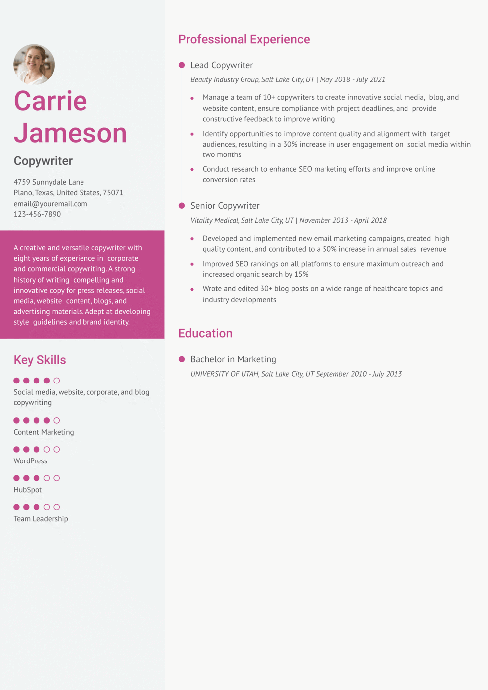 Lead Copywriter Resume Example