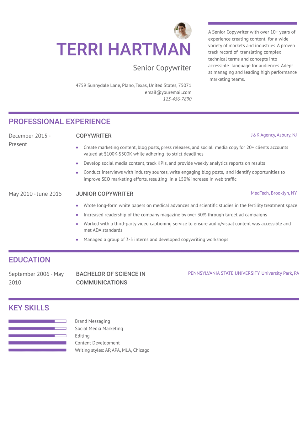 Senior Copywriter Resume Example