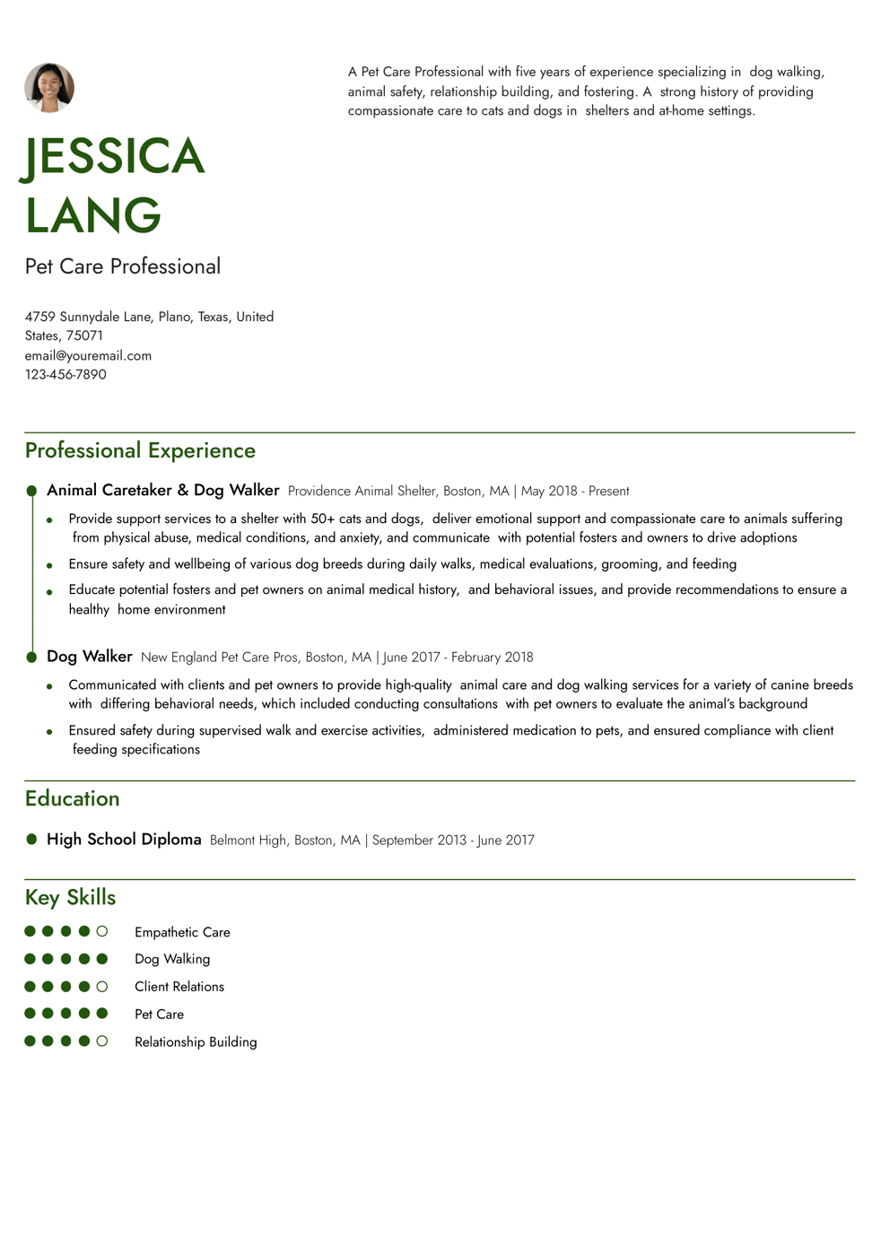 Pet Care Professional Resume Example