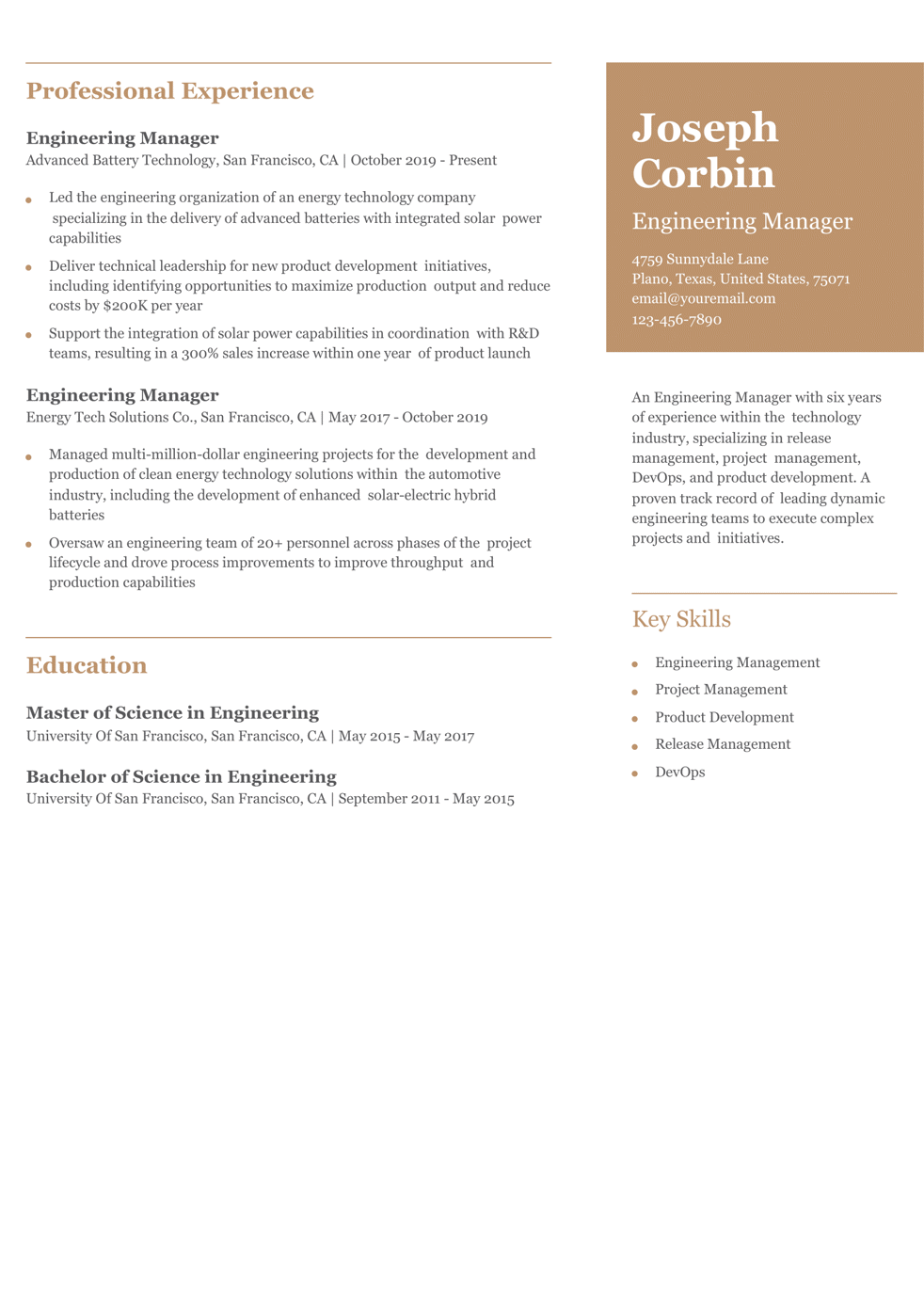 Engineering Manager Resume Example