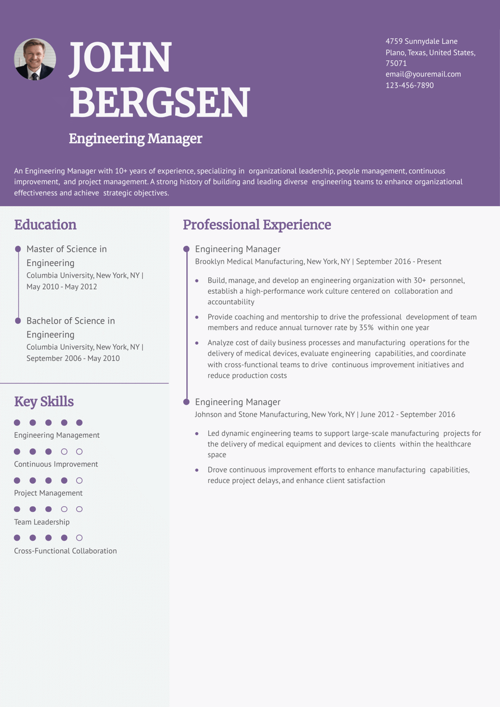 Medical Manufacturing Engineering Manager Resume Example