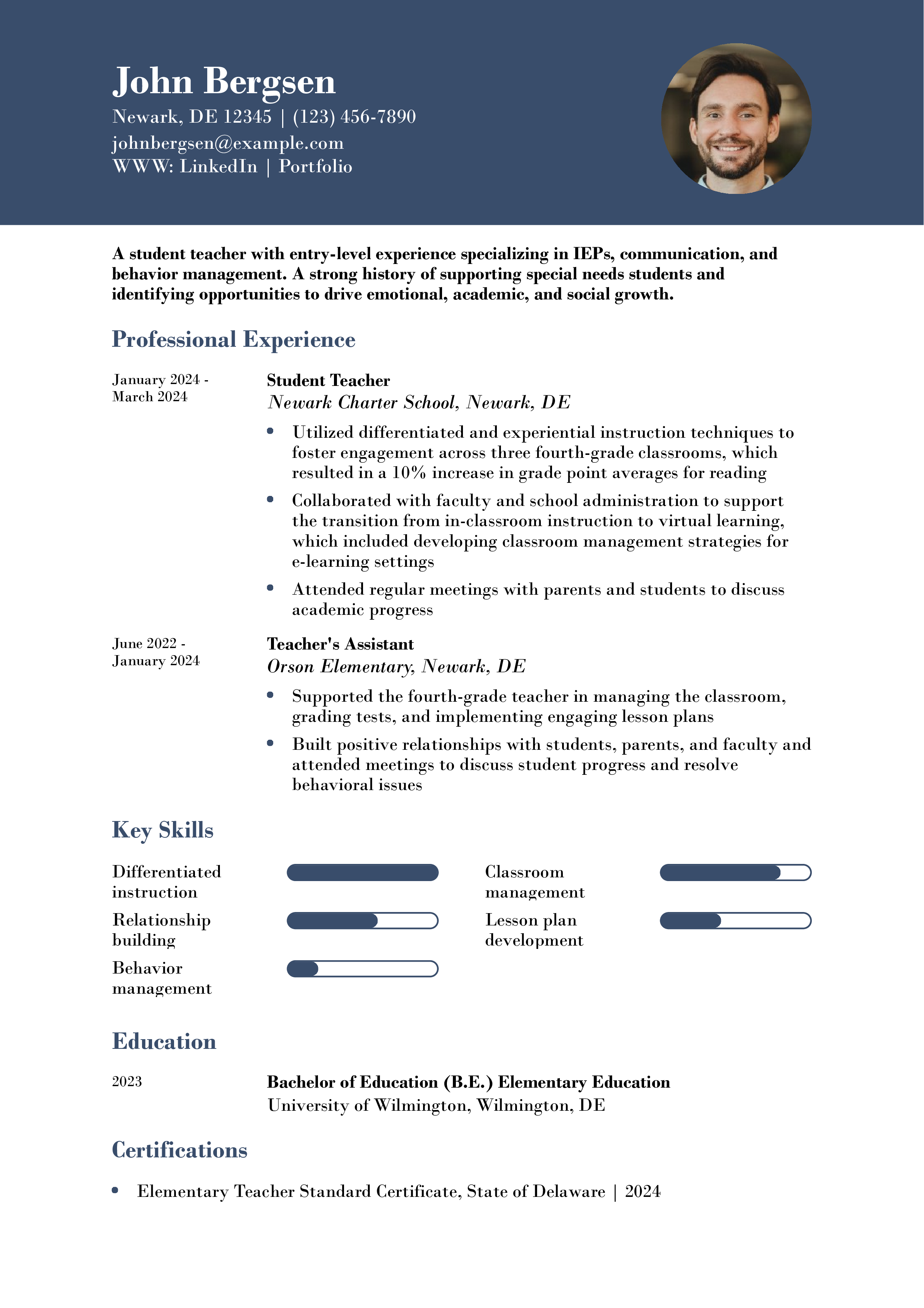 Entry-Level Student Teacher Resume Example