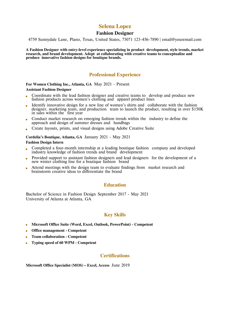 Entry-Level Fashion Designer Resume Example