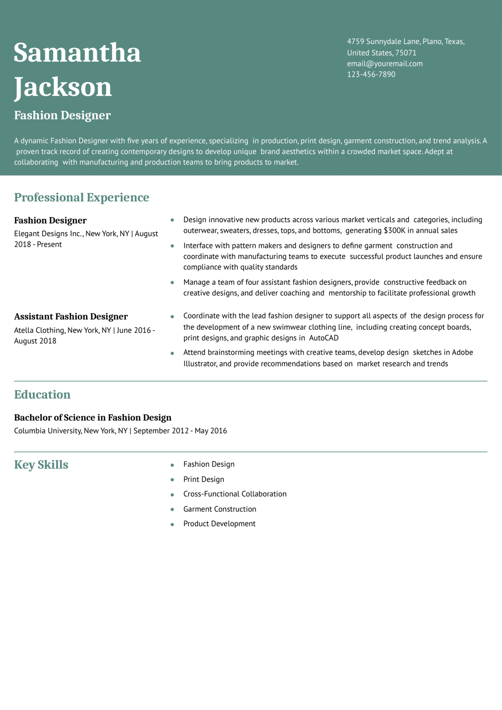 Entry-Level Fashion Designer Resume Example
