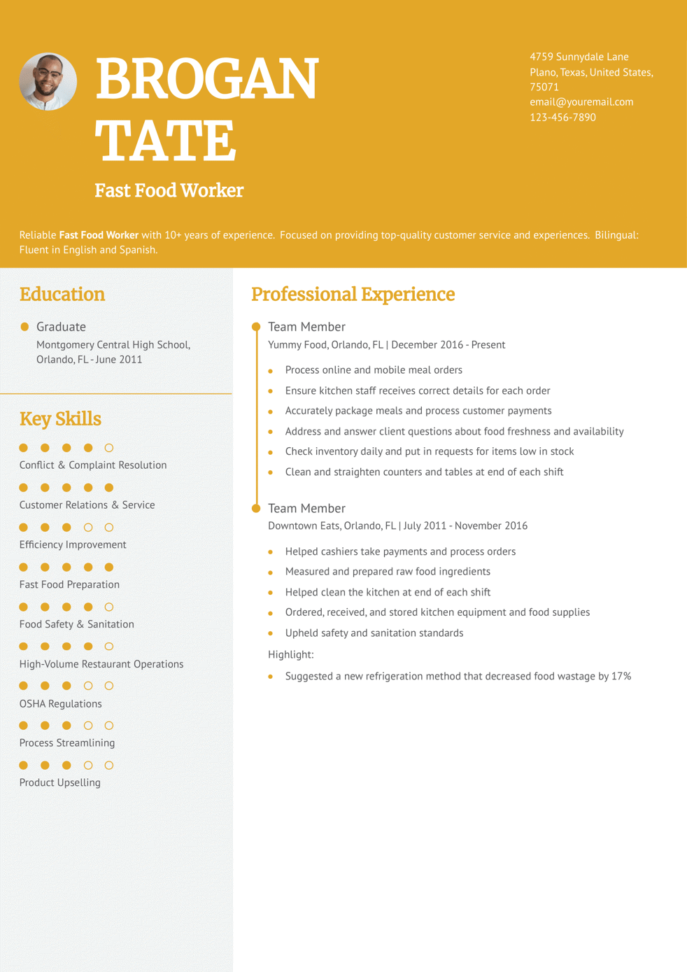 Experienced Fast Food Worker Resume