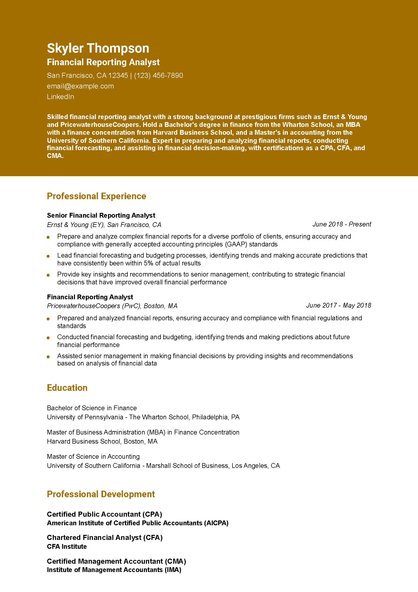 Financial Reporting Analyst Resume Example