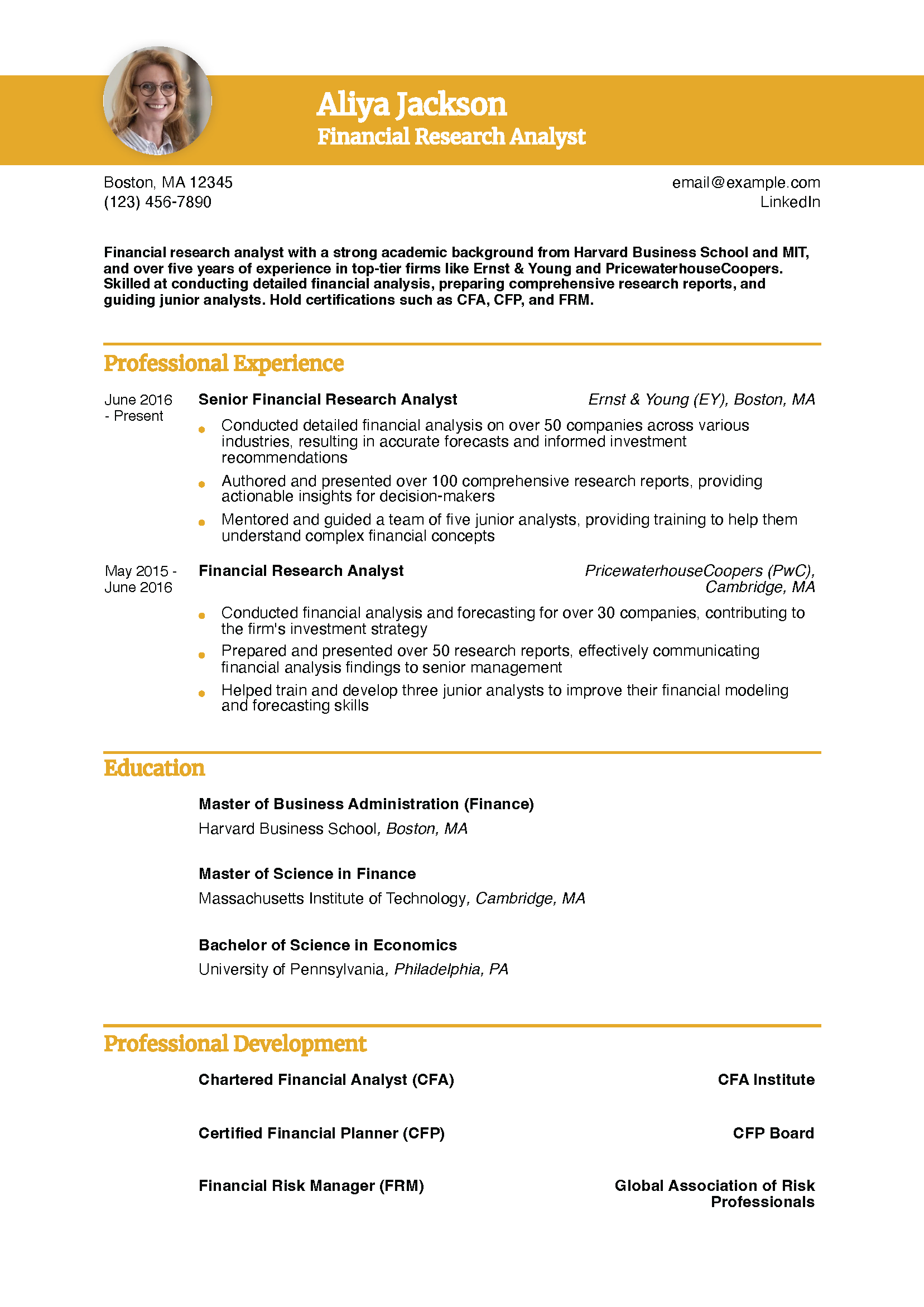 Financial Research Analyst Resume Example