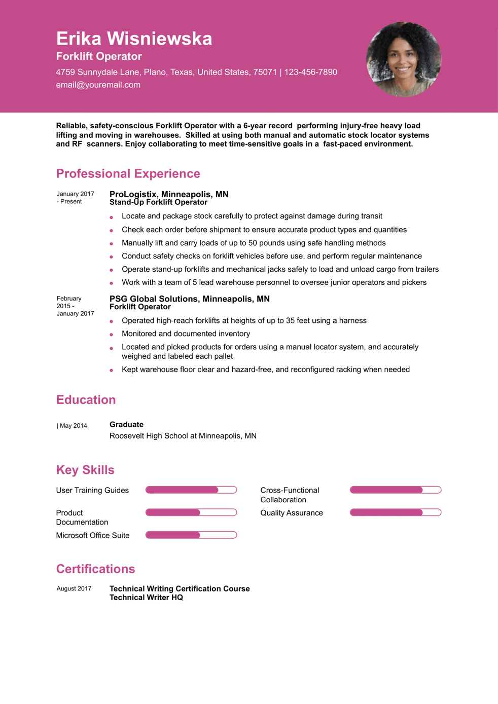 Forklift Operator Resume Example