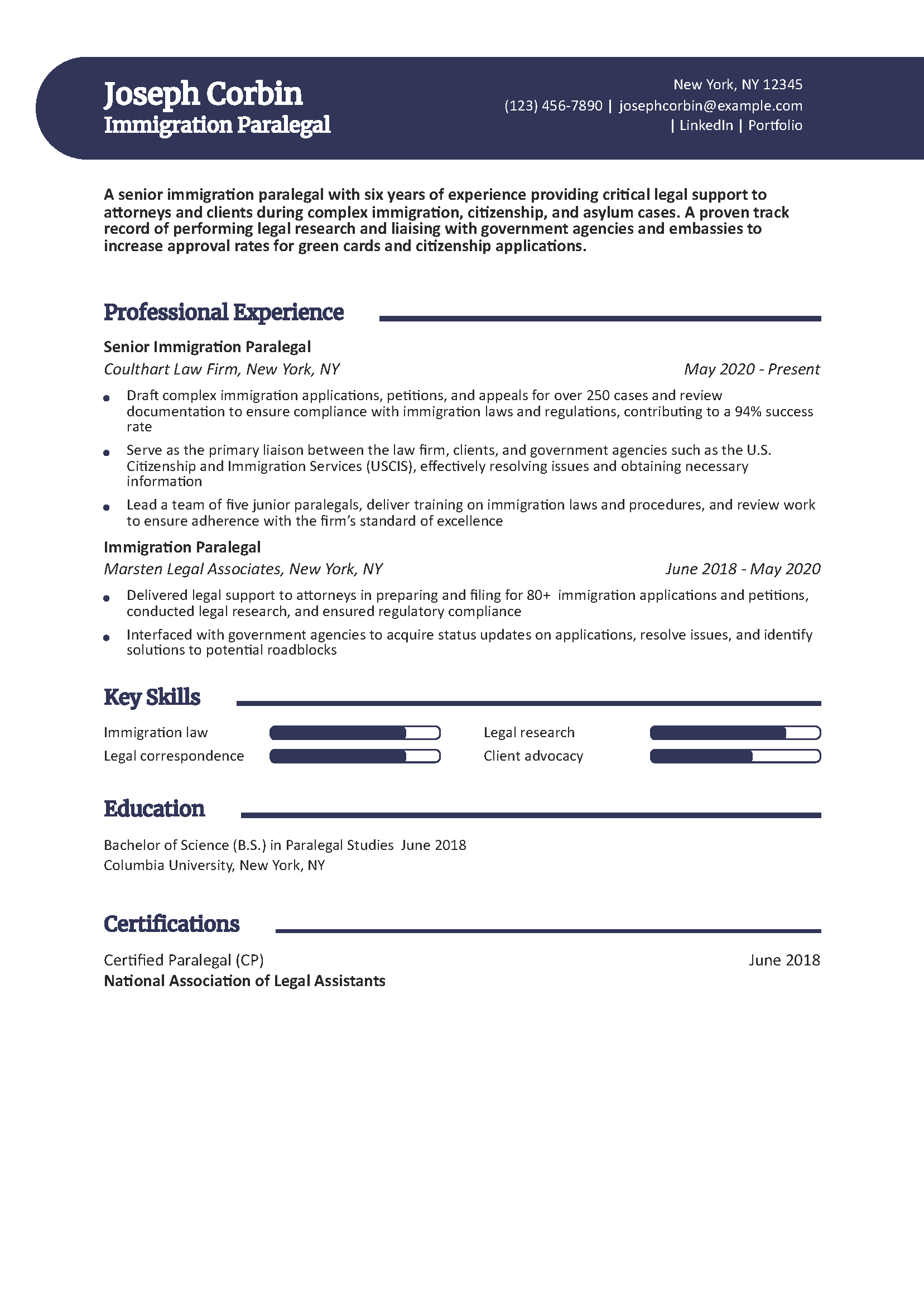 Immigration Paralegal Resume Example
