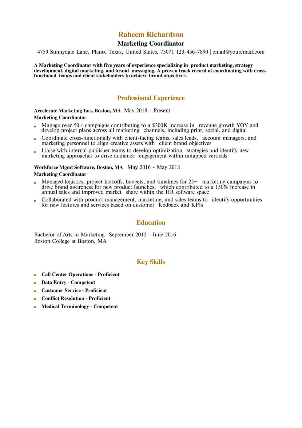Marketing Coordinator Resume Example
